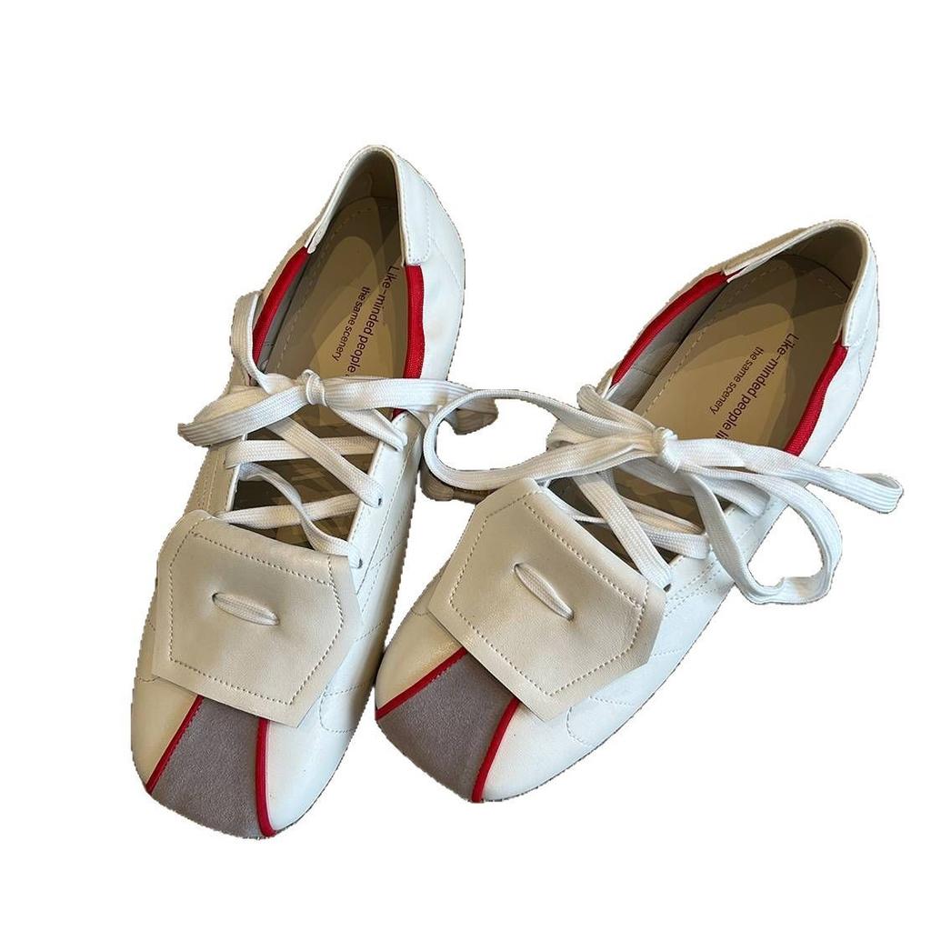 Sheepskin version~ niche new leather ballet shoes personalized color matching lace-up flip cover versatile Mary Jane single shoes women