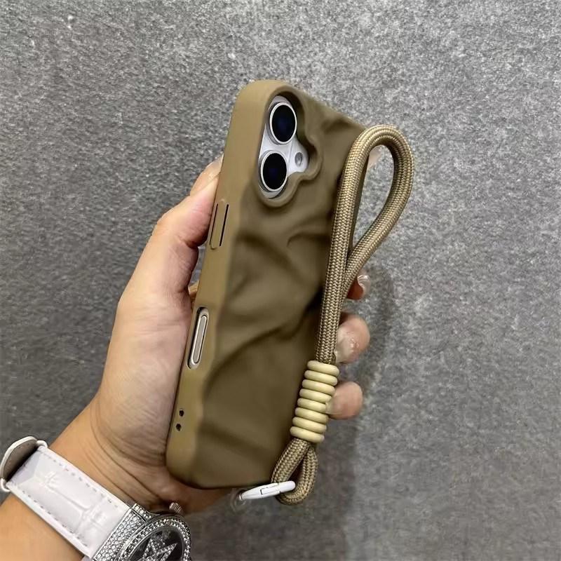 

Розкішний матовий чохол з ремінцем на зап ястя від зморшок для iPhone17 16 15 14 17 Pro Max Air 13 12 11, шнурок, однотонний хвилястий м який чохол цукеркового кольору iPhone 13 Pro Max хакі