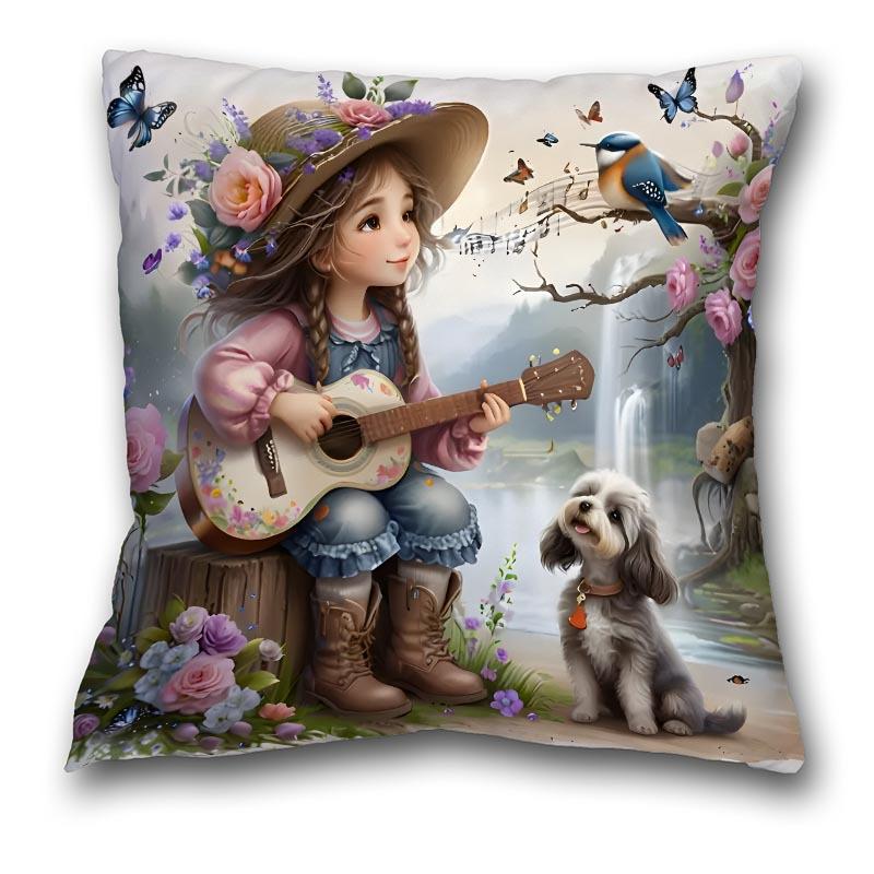 

Romantic Girl Pillowcase, Guitar & Dog in Nature Design for Home Decor, Soft Cotton Cushion Cover with Fairy Tale Style 16x16Inch