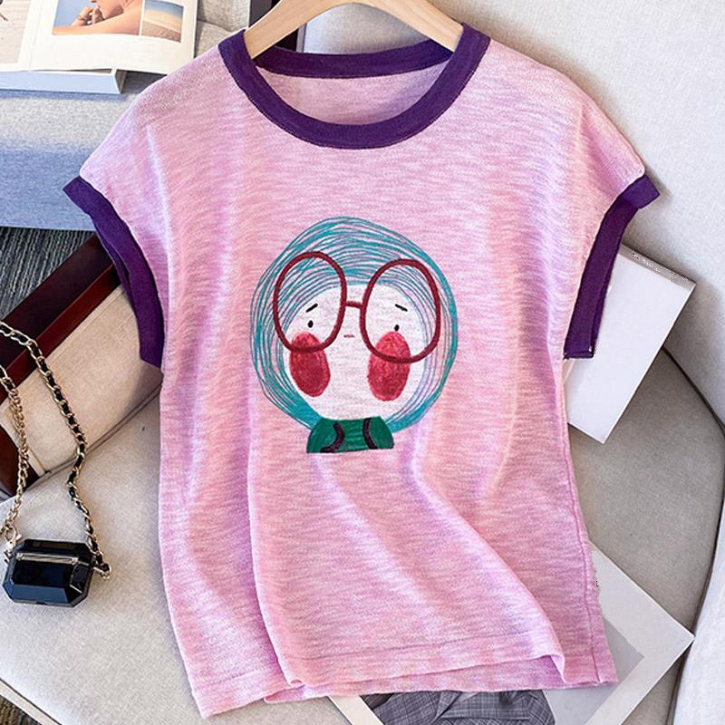 Women Sweaters Pullovers 2025 Summer Short Sleeve O-Neck Print Knitted Sweater Women Tops Pullover JJ183