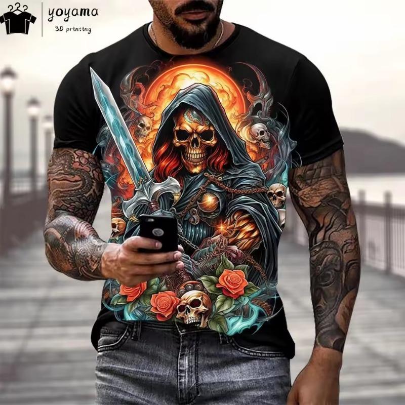 Skull Print Graphic T Shirts Gothic Style T Shirt Men Horror Theme Mens Clothing Men's Short Sleeve Tee Oversized T-shirt Tops