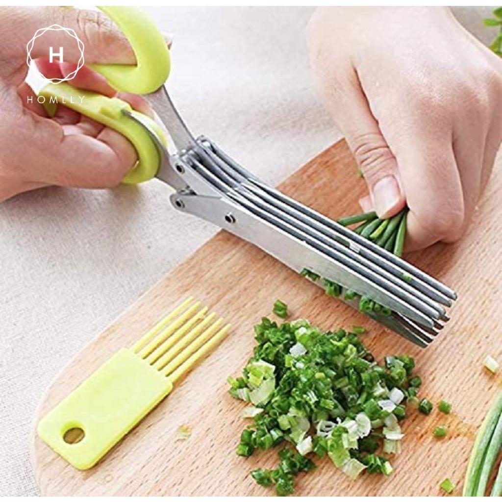 Homlly 5 Stainless Steel Blades Herb Scissors (Green) (X2PCS)