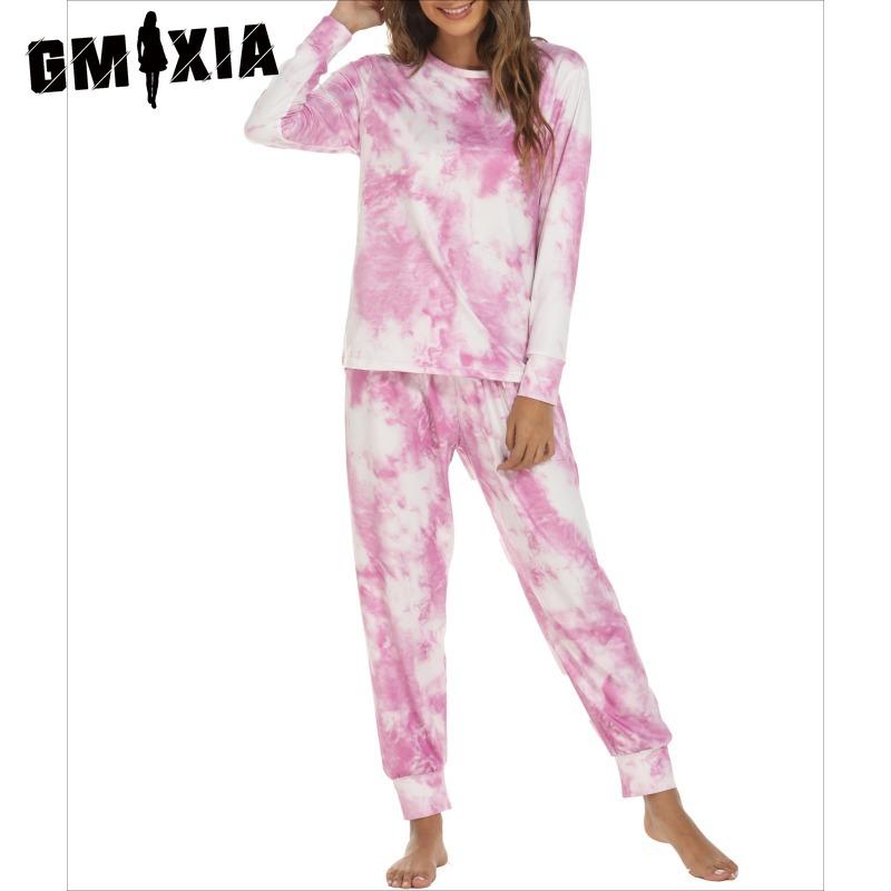 GMXIA Домашняя одежда Женский осенне-зимний комплект пижамы с длинным рукавом и брюками в стиле тай-дай XL