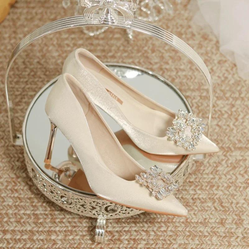 Women's Crystal Square Buckle High Heels Pumps 2024 Elegant Silk Thin Heeled Wedding Shoes Woman Slip On Pointed Toe Dress Shoes