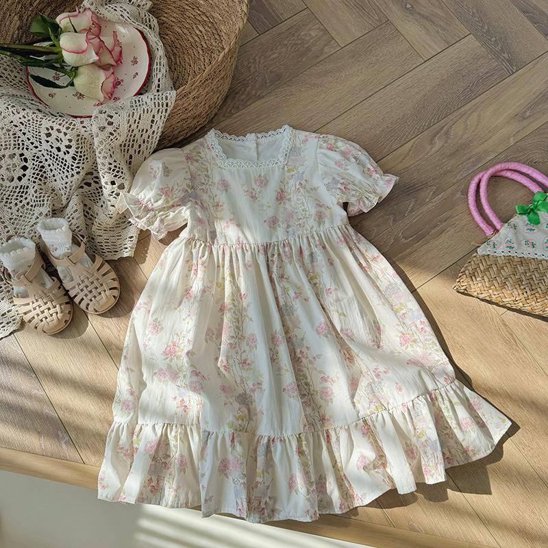 Girls Summer Floral Square Neck Dress Ruffle Short Sleeve Tiered Cake Dress Cute Kids Clothing 90cm