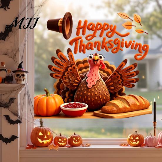 Holiday Home Beautification Autumn Thanksgiving Turkey Window Static Sticker, Decorative Removable PVC Decals, Reusable Glass Clings
