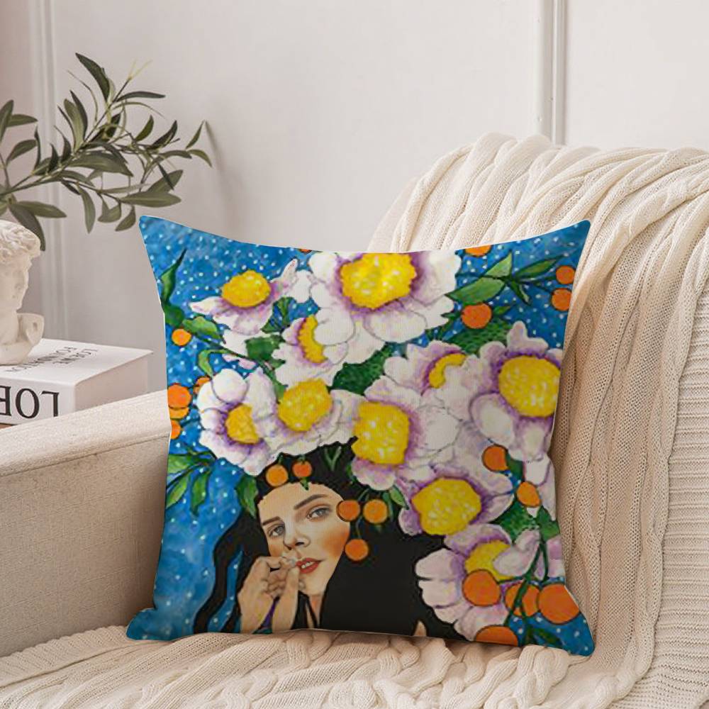 Vintage Abstract Girl Hair Flower Pillow Case Home Decor Throw For Sofa Bed Car Room Decor Gift Idea