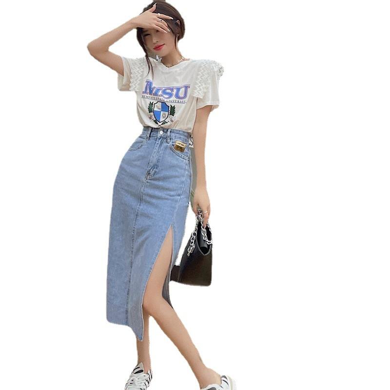 Elegant Classic Woman Summer Side Split Female Years High Waist Thin Package Hip Mid-length Skirt Versatile Comfortable Fashion Denim Bustier Skirt