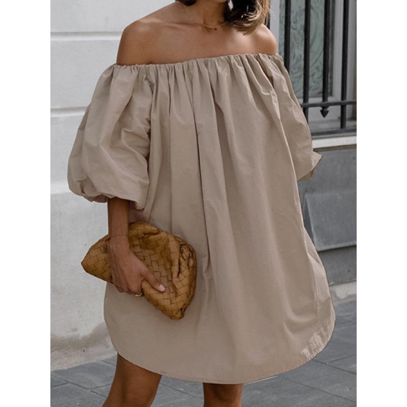 Elegant Khaki Off-Shoulder Puff Sleeve Dress - 2024 Spring/Summer Fashion Short Skirt