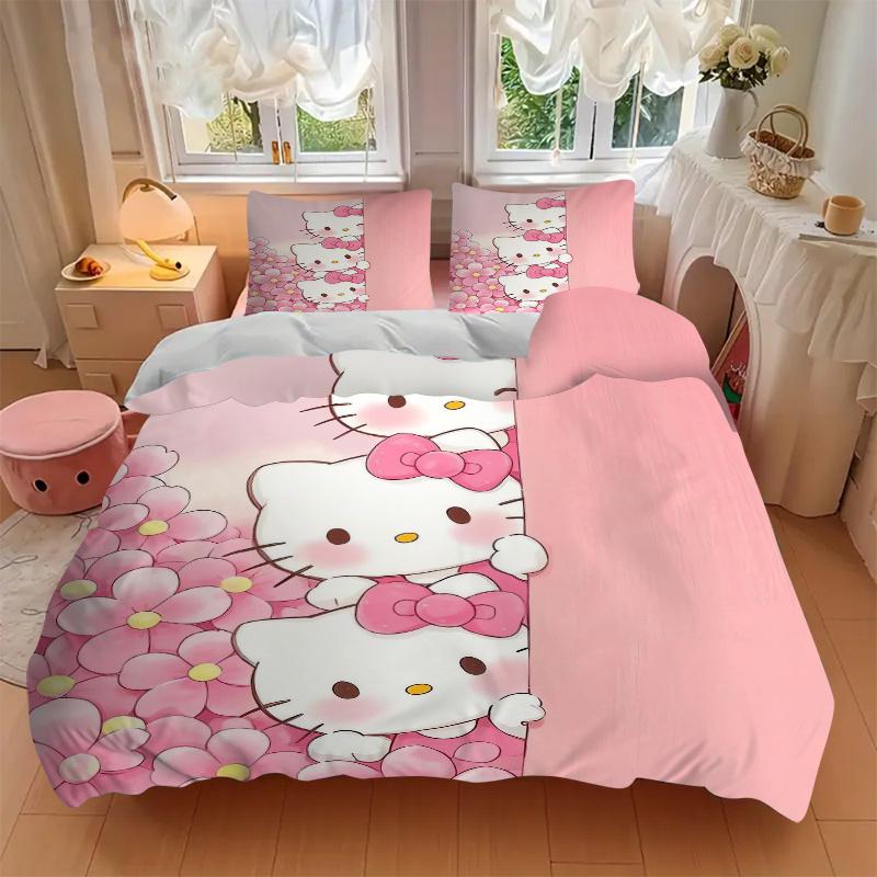 3pcs Three Pink Hello Kitty Design Printed Bedding Set, Soft and Comfortable Quilt Cover for Bedroom, Guest Room (Not Included).W104