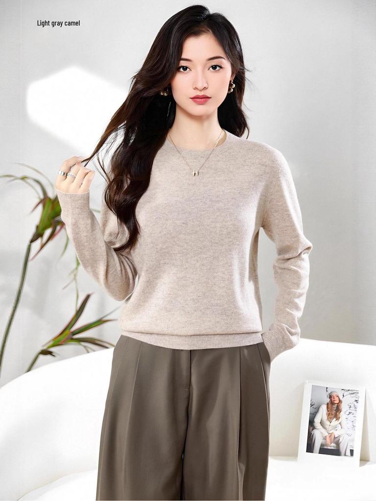 Dámský měkký kašmírový svetr s dlouhým rukávem a kulatým výstřihem - Módní, všestranný a pohodlný úplet.