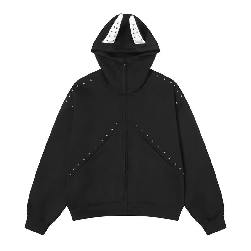 

Женская толстовка с капюшоном оверсайз, пальто с заклепками и вставками, кардиган на молнии, куртка, одежда в стиле харадзюку, осень-зима XL чёрный