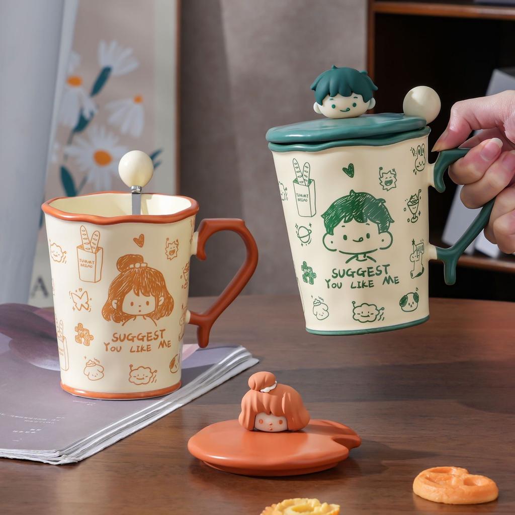 Graffiti Mug with Lid Spoon Ceramic Water Cup Couple with Large Capacity Hand Painted Gift for Girls Niche Birthday Gift