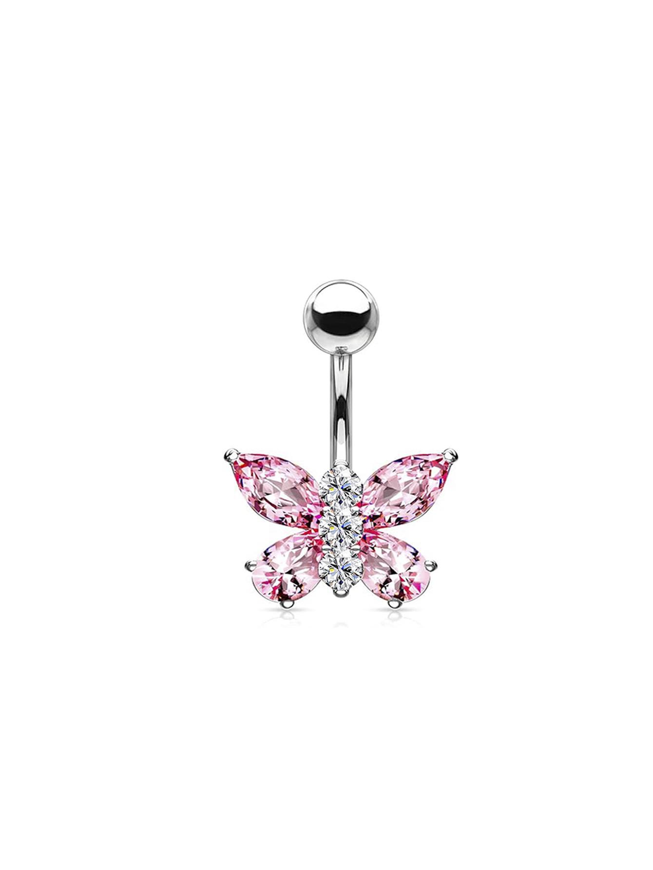 

Butterfly Dangle Belly Button Ring Surgical Steel Navel Rings Pink Zircon Umbilical Ring Hypoallergenic Tummy Ring Piercing