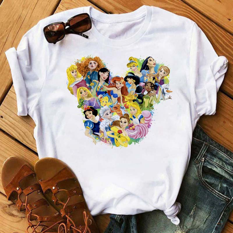 Funny Summer Disney Villains Printed Women T Shirts Round Neck Y2k Clothes Cartoon Graphic T Shirts 90s Female Tops Tees