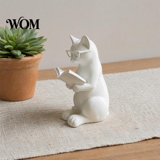 Study Room Decor 3D Printed Reading Cat Figurine, Decorative Ornament with Weighted Anti-Slip Base, With Glasses Intellectual Statue Eye for