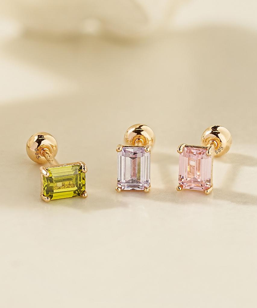 Minimalpiercing 14K Emerald-Cut Color Cubic Piercing Earrings