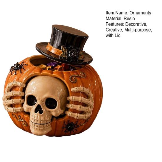Resin Halloween Candy Bowl Skull Pumpkin Jar with Top Hat Lid, Decorative Unique Party Ornaments Storage Container, Desktop Organizer for Home Decor &