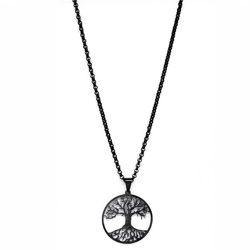 Tree of Life Stainless Steel Long Necklace for Men Black Color Necklaces & Pendants Jewelry cadenas para hombre N834S03