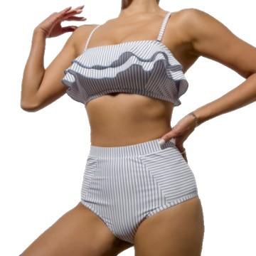 Clearance Specials Gray and White Pinstriped Lotus Leaf Sling Bikini, High Waist Belly briefs Conservative Swimsuit Europe and America