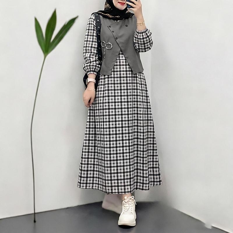 ZANZEA Women Casual Round Neck Long Sleeve Patchwork Plaid Print Dress