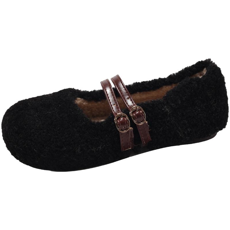 

Туфли на плоской подошве Осень Новые Круглый носок Мелкий вырез Один ремешок Замша Мягкая подошва Нескользящие Износостойкие Хлопковые туфли 40 чёрный