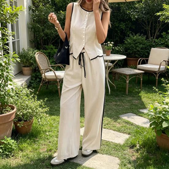 Women Summer 2 Piece Outfits Sleeveless Button Down Vest Wide Leg Pants Sets Casual Business Work Matching Set
