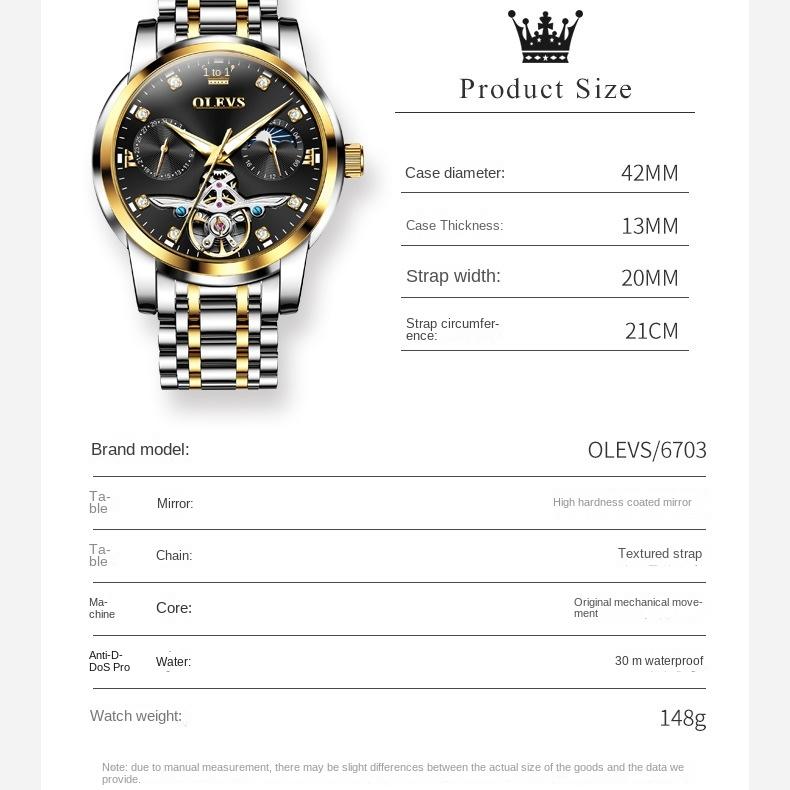 OLEVS Brand Multi-function Tourbillon Men's Watch Mechanical Watch Glow-in-the-dark Trend Men's Watch Business Model