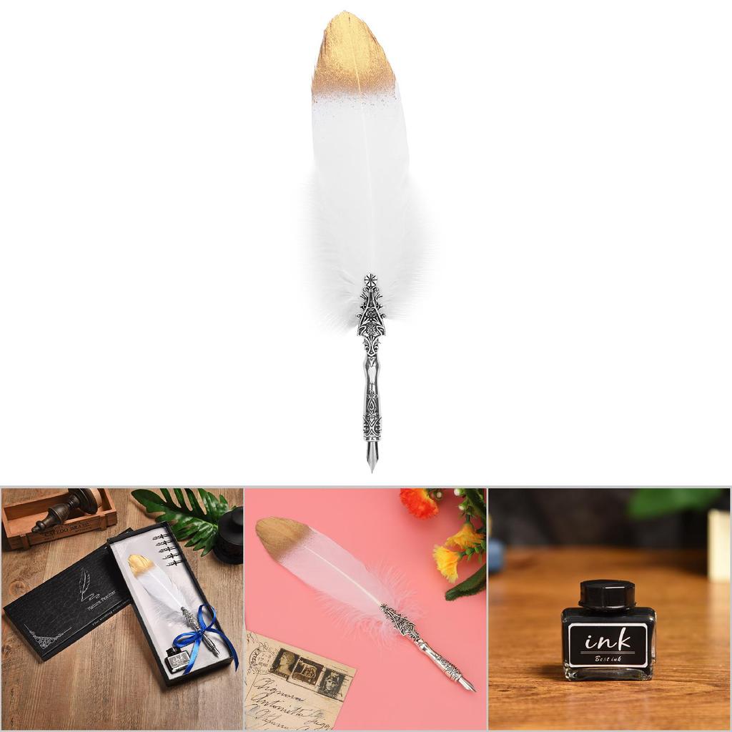 European Vintage Feather Fountain Pen Calligraphy Quill Dip Pen Set Home Decor Gift (White)