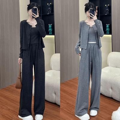 2026 Women's Spring & Autumn Sports Suit: Casual Three-Piece Set with Wide-Leg Pants & Cardigan Jacket