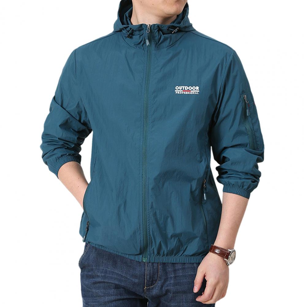Men Summer Sun Coat Hooded Drawstring Long Sleeve Anti UV Jacket Letter Print Zipper Placket Windbreaker