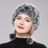 Winter Hats for Girls Women's Fur Hat Real Rex Rabbit Cap Floral Knitted Hat with Balls Skulls Beanies 55-59cm