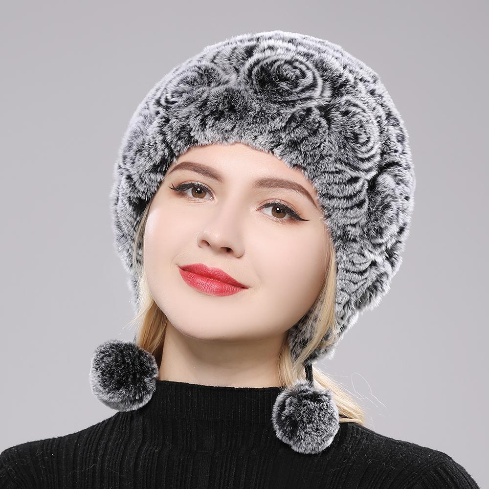 Winter Hats for Girls Women's Fur Hat Real Rex Rabbit Cap Floral Knitted Hat with Balls Skulls Beanies 55-59cm