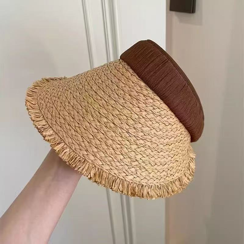 Summer Straw Woven Foldable Raffia Rough Edge Big Brim Sun Protection Hat Women's Summer Travel Shading and UV Protection
