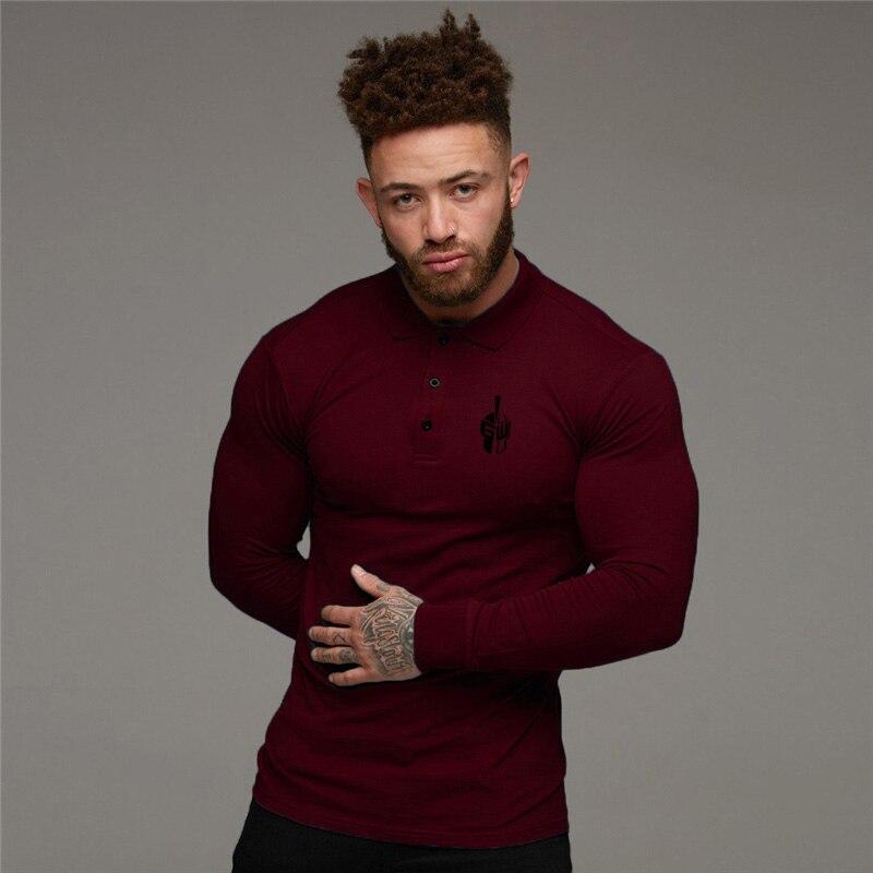 

Muscleguys American Tough Guys Фитнес-топы Мужская весенняя футболка с длинными рукавами с лацканами Тонкая спортивная повседневная нижняя рубашка Одежда для спортзала XXL бордовый