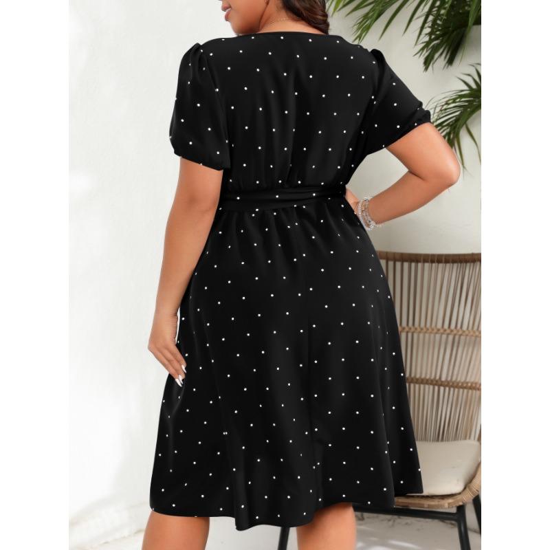 Summer Large Size Retro Polka Dot Dress Women Elegant Slim Waist Cinched Lace Up Square Neck Party Dress Fashion Elegant Sweet Casual Holiday Dresses