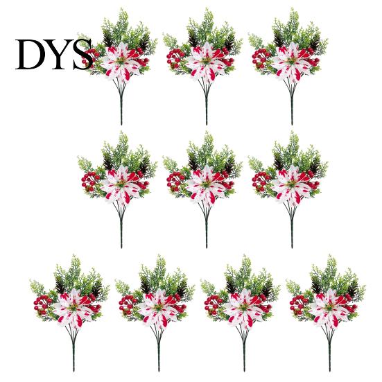 Faux Silk Christmas Blooms 5 Heads Artificial Poinsettia Flowers, Fake Pine Berry Decoration, Home Interior Floral Accents Fade-Resistant Red
