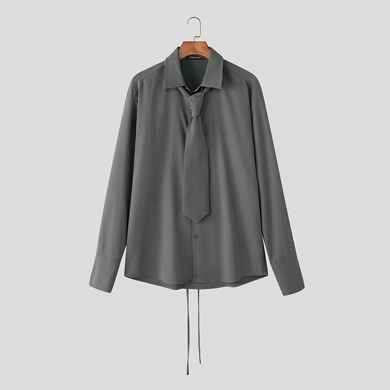 

INCERUN S-5XL Men Casual Lapel Neck Long Sleeve Lace-up Waist Loose Shirts Tops 5XL серый