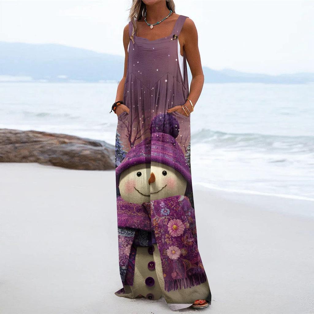 Women's Christmas Print Solid Wide Leg Strapless Tank Pocket Casual Onesie