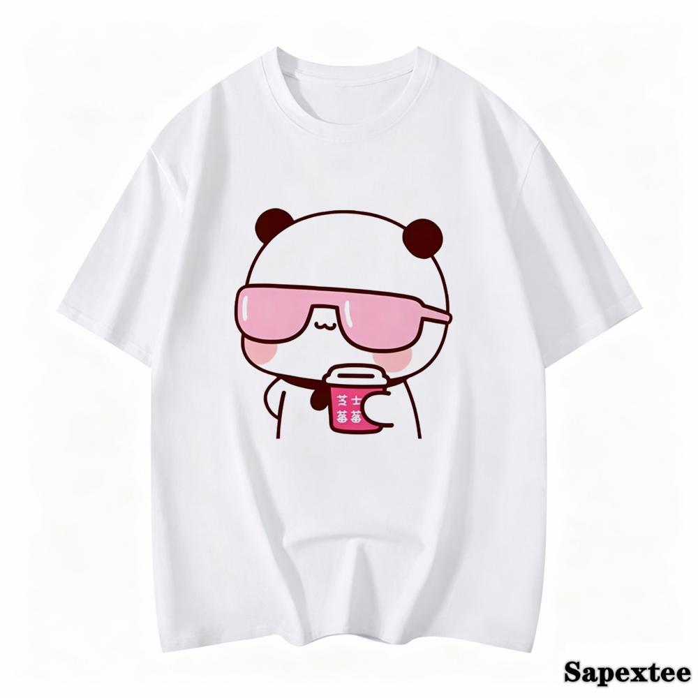 Couple Tee Bubu Is Watching Movies And Milk Tea With Dudu Tshirt Cartoon Cute Graphic Tees For Ladies Kawaii Cotton Unisex Tops