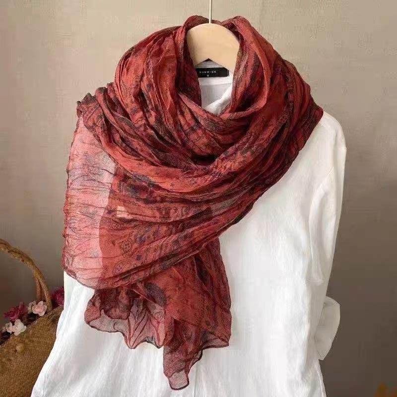 Cotton and Linen Scarf Pleated Retro Literary Floral Thin Spring and Summer Shawl Four Seasons Versatile Fashion Trend