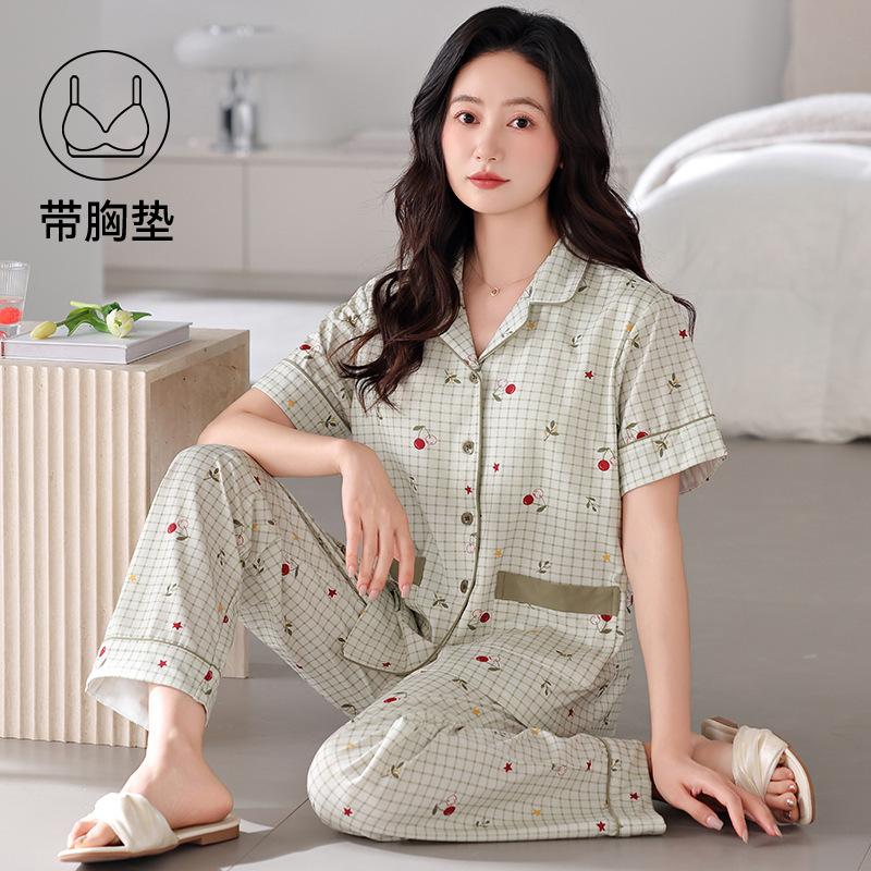 Pajamas with chest pads women's summer thin cotton short-sleeved trousers large size casual relaxation cardigan loungewear set