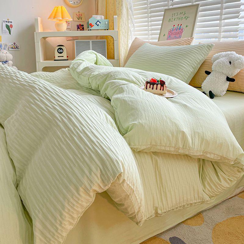 Seersucker Bedding Sets Solid Color Washed Cotton Microfiber Duvet Cover Flat Sheet Pillowcases Soft Bed Linen For Girls