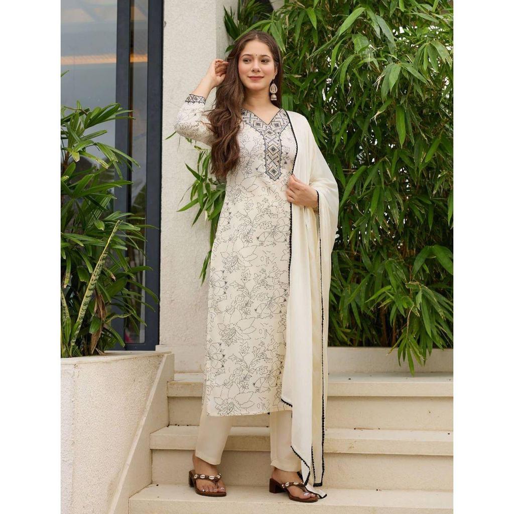Women's Rayon Embroidered and Printed Straight Kurta with Pant And Dupatta Sets