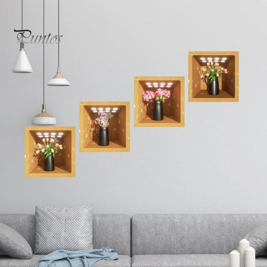 4Pcs/Set Potted Plants Wall Sticker 3D Effect Self-adhesive Waterproof PVC Removable Living Room Bedroom Modern Wall Art Green Plant Decoration Decal