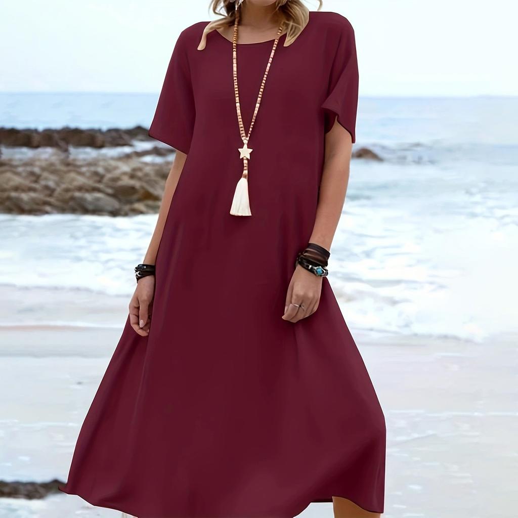Ladies' Fashionable Vacation Solid Color Casual Round Neck Short Sleeved Loose Dress