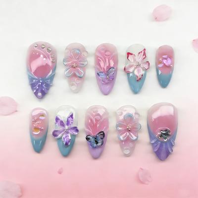 24 Uds. Uñas Postizas de Almendra Coloridas 3D Flor Mariposa Dulce Francesas Falsas Uñas de Primavera Verano Simples Ins Puntas de Uñas con Belleza