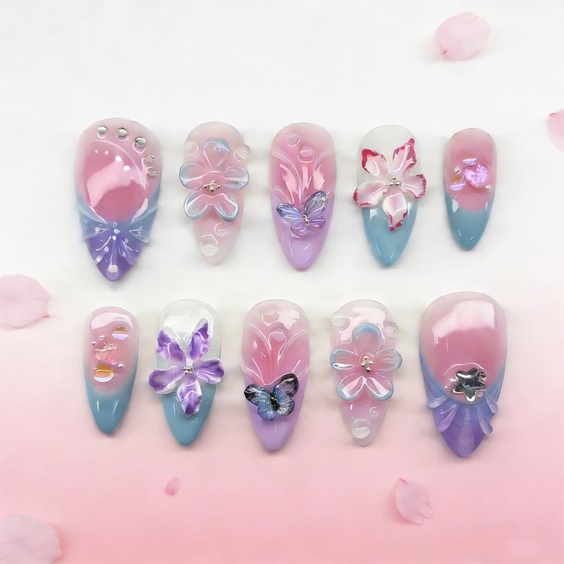 

BEPAN 30Pcs False Nails 3D Floral Design with Full Rhinestone Accents Blue French Tip Press-On Style—Perfect As A Gift for Girls Medium Almond