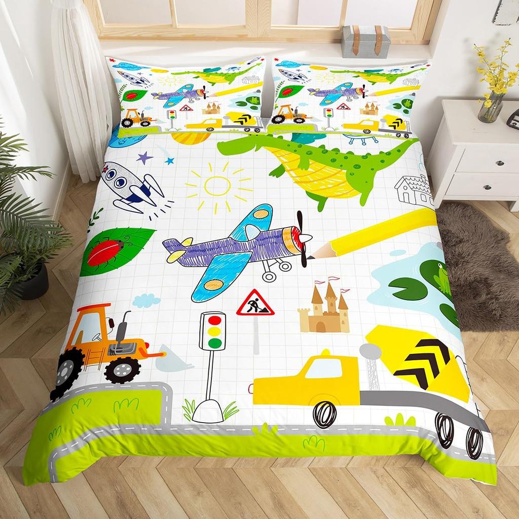 Rustic Suburb Duvet Cover Countryside House Tree Hand Graffiti Bedding Set Nature Scenery Comforter Cover Blue River Quilt Cover