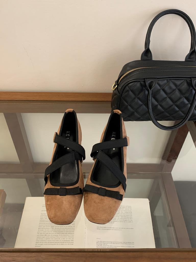 2025 spring and autumn new retro brown square head ballet shoes bow strap flat Mary Jane single shoes women